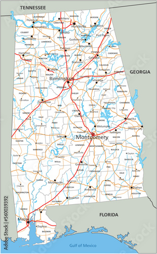 High detailed Alabama road map with labeling.