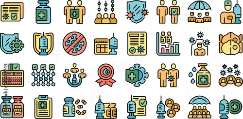 Herd immunity icons set outline vector. Disease control. Family immunity color flat
