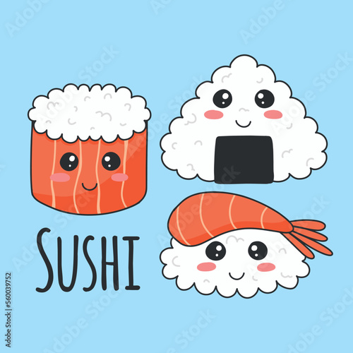 Cute sushi in kawaii style. Vector illustration. Asian food. Salmon sushi, onigiri and shrimp sushi. Sushi characters.