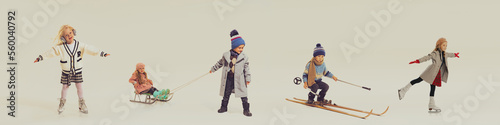 Winter games. Banner with images of happy children in retro style clothes playing together, having fun isolated over grey background. Concept of childhood, friendship