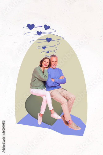 Vertical collage image of two idyllic aged people cuddle drawing hearts isolated on painted background