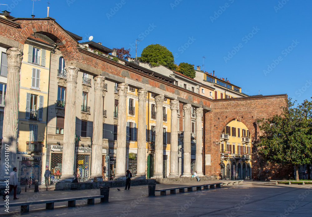 Milano, Italy - located in front of the homonym basilica, the San Lorenzo columns are part of the Roman ruins of Milan and almost 2000 years old. Here in particular the colonnade seen from South 