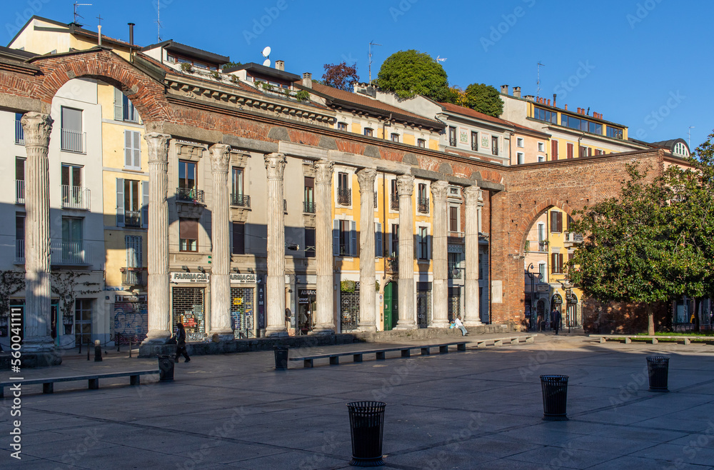 Fototapeta premium Milano, Italy - located in front of the homonym basilica, the San Lorenzo columns are part of the Roman ruins of Milan and almost 2000 years old. Here in particular the colonnade seen from South