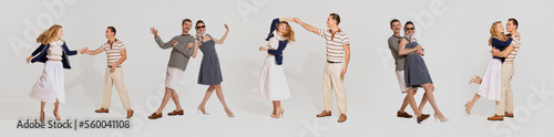 Banner with dynamic portraits of young beautiful couple, man and woman, dancing retro dances isolated over light background. Concept of vintage fashion, music, party, ad photo