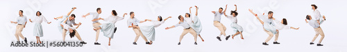 Fotografie Banner with dynamic portraits of young beautiful couple, man and woman, dancing retro dances isolated over light background