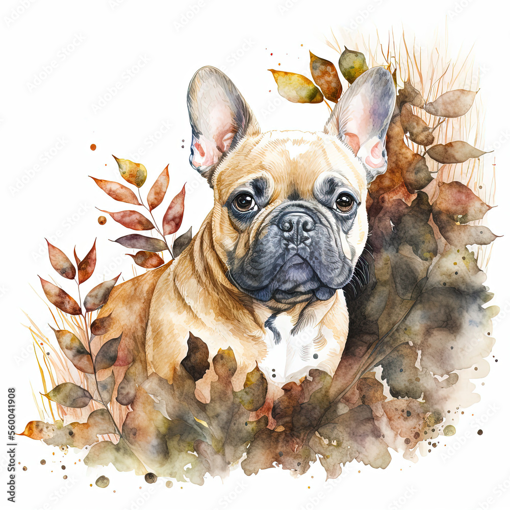 watercolor French bulldog with the leaves, Generative AI