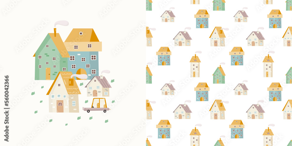 Little Town Print Card and Seamless Pattern for Kids Fabric, Textile, Wrapping Paper, Nursery Design. Vector Set with Cartoon Houses