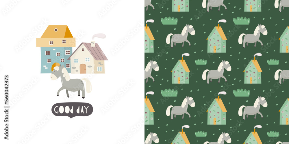 Rustic Print Card and Seamless Pattern for Kids Fabric, Textile, Wrapping Paper, Nursery Design. Vector Set with Cartoon Houses, Plants and Horse Rustic Print Card and Seamless Pattern for Kids Fabric, Textile, Wrapping Paper, Nursery Design. Vector Set with Cartoon Houses, Plants and Horse