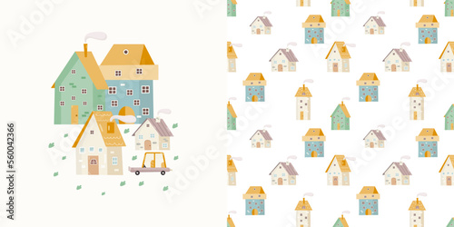 Little Town Print Card and Seamless Pattern for Kids Fabric, Textile, Wrapping Paper, Nursery Design. Vector Set with Cartoon Houses