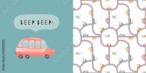 Roads Print Card and Seamless Pattern for Kids Fabric, Textile, Wrapping Paper, Nursery Design. Vector Set with Cartoon Bus, Road and Cars