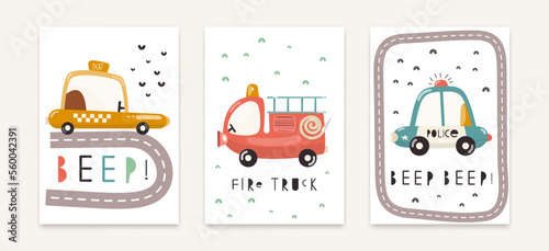 Nursery Wall Art Cute Posters Set with Different City Cars – Fire Truck, Police, Taxi. Vector Print for Baby Room, Shower Card, Kids T-shirt.