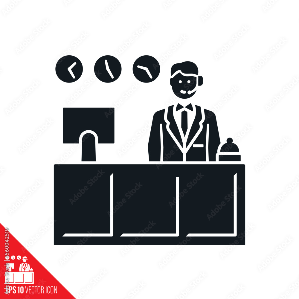 Receptionist behind counter vector glyph icon Receptionist behind counter vector glyph icon