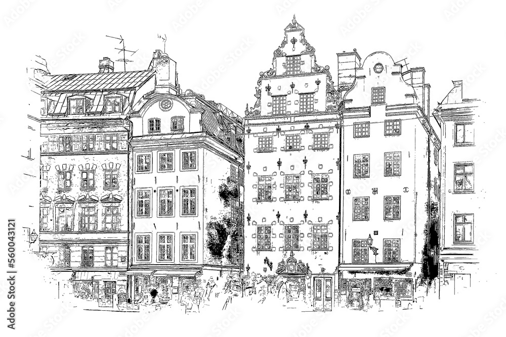 Stortorget public square in Gamla Stan in the Old Town of Stockholm, Sweden, ink sketch illustration.