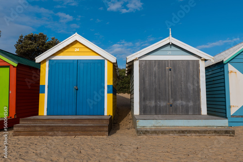 Blue and yellow bathing boxes at Brighton Beach, Melbourne, Australia. © AlexandraDaryl