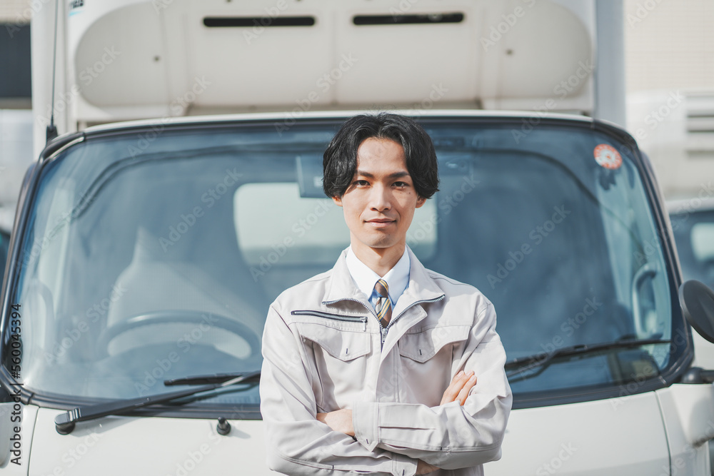 トラックの前で腕組みをする若い男性ドライバー トラックの前で腕組みをする若い男性ドライバー