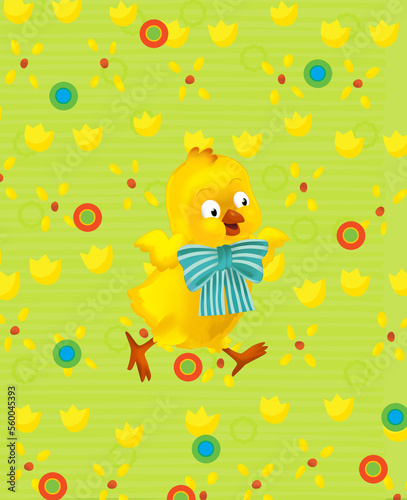 cartoon easter chicken on the meadow illustration