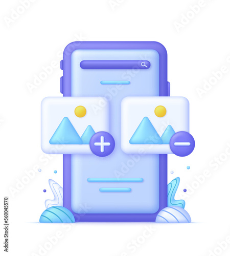 3D Picture with plus and minus sign on Phone. Add or delete image in gallery. Picture, jpg file, photo icon.