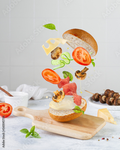 Burger with mushrooms levitates
