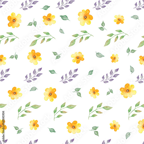 Watercolor seamless pattern with abstract yellow meadow flowers, leaves, branches, berries. Hand drawn floral illustration isolated on white background. For packaging, wrapping design or print.