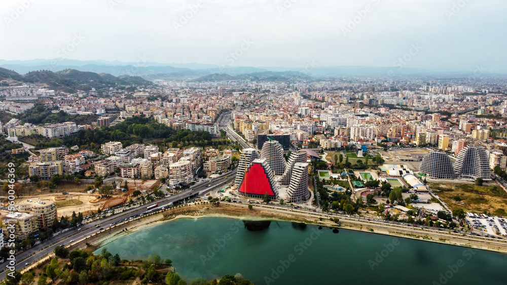 Aerial drone view of Tirana, Albania