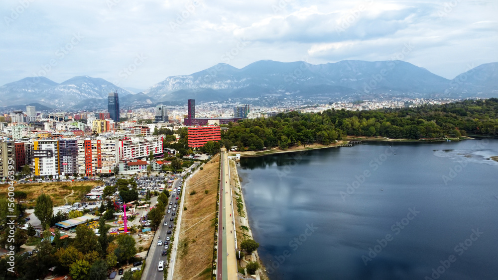 Aerial drone view of Tirana, Albania