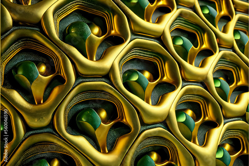 geometric textures in gold and green or jade or jasper  pieces of jewelry made with parametric designs