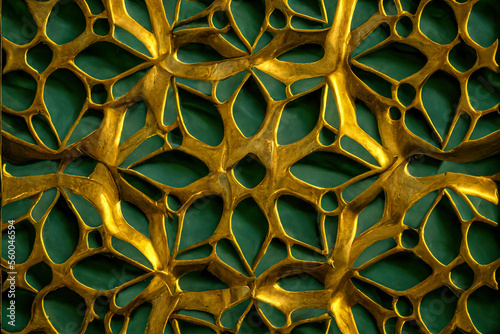 Golden, geometric textures in gold and green or jade or jasper, pieces of jewelry made with parametric designs
