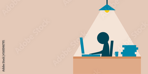 Office worker stressful deadline busy overtime (O.T.) late night on working space table laptop or computer notebook with window moon stars on brown background cartoon character flat vector design.