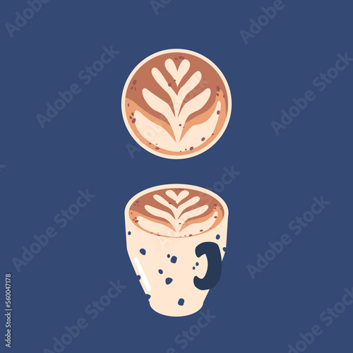 Coffee Cup With Flower Latte Art Pattern Top And Front View. Hot Beverage With Foam In Shape Of Plant Isolated