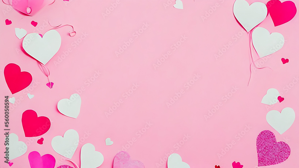 pink background with balloons, Happy Valentine's card or banner, Generative AI