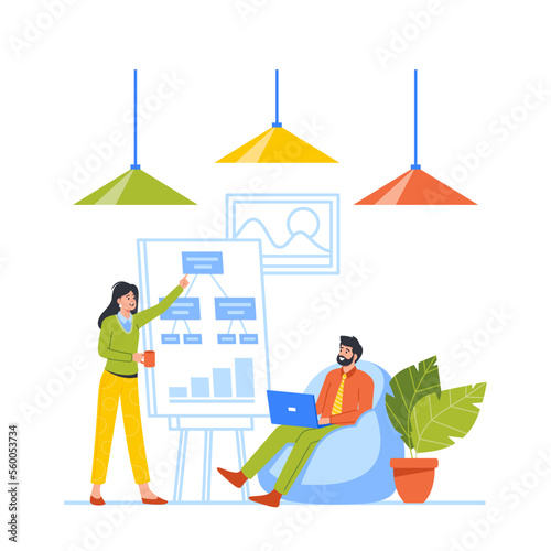 Business Presentation or Coworking Project Development Concept with Characters in Office, Financial Consultation