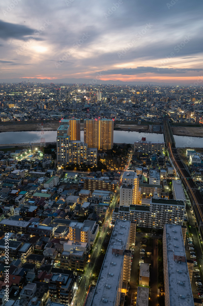 Obraz premium 千葉県市川市 アイリンクタワー展望室から望む東京の夕景
