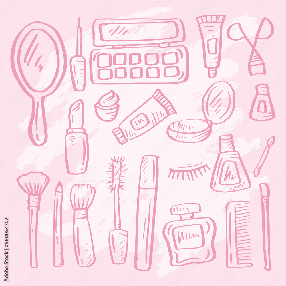 Set of beauty, makeup, cosmetic doodles.