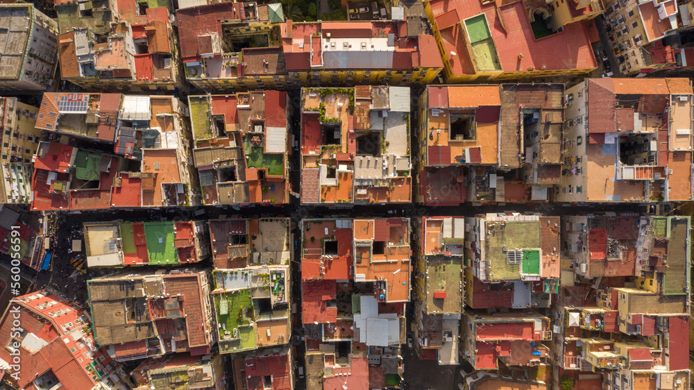Aerial perpendicular view of the Quartieri Spagnoli (Spanish Neighborhoods), a part of the city of Naples in Italy. This district is located in the historic center of the city.