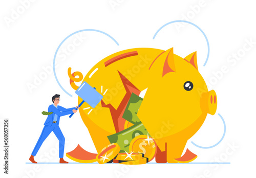 Business Man Character Hitting Piggy Bank with Hammer. Financial Investment Recession, Finance Problems, Low Income