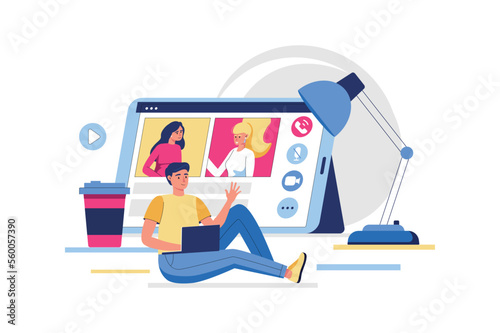 Video conference concept with people scene in flat design. Man and women talking online using video call, discuss work tasks or study on webinar. Vector illustration with character situation for web