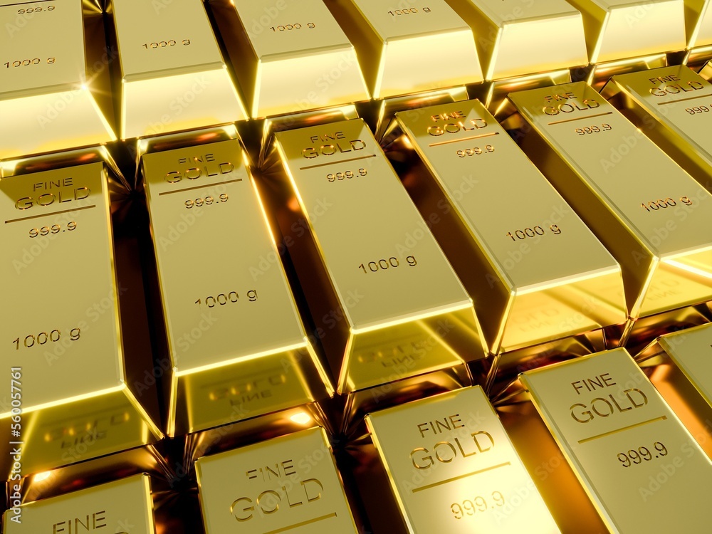 Many Gold bars or Ingot, 3d rendering