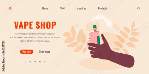 Vape shop colorful web page. Electronic cigarettes and vape. Modern vector illustration. Alternative smoking device. Flat vector design for web.