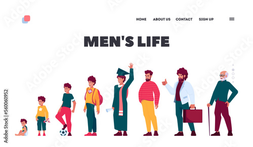 Men Life Landing Page Template. Stages of Man Study Growing, Aging Time Line. Male Character Life Cycle, Growth