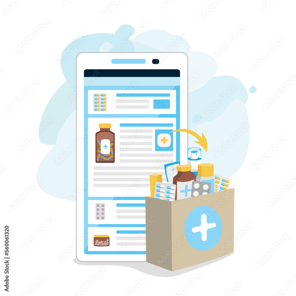 Flat vector illustration of internet pharmacy isolated on white background. Health and medicine. Ordering medicines through an application on a smartphone. Medicine at home. Tablets, drugs, capsules, Flat vector illustration of internet pharmacy isolated on white background. Health and medicine. Ordering medicines through an application on a smartphone. Medicine at home. Tablets, drugs, capsules,