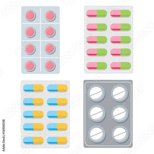 Vector set of pills and capsules. Medicinal products. Health care and medicine.