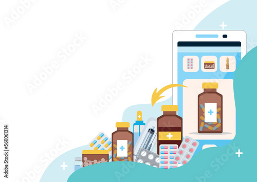 Flat vector illustration of internet pharmacy isolated on white background. Health and medicine. Ordering medicines through an application on a smartphone. Medicine at home. Tablets, drugs, capsules, 