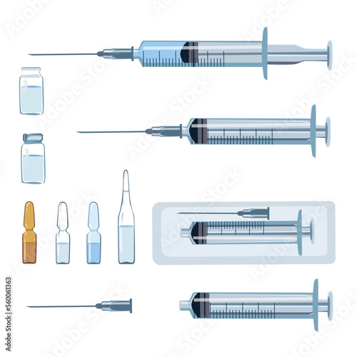 Vector set of a packed syringe, an empty syringe with a needle, a syringe with a medicine or a vaccine and different glass ampoules. Medical injections and vaccinations.