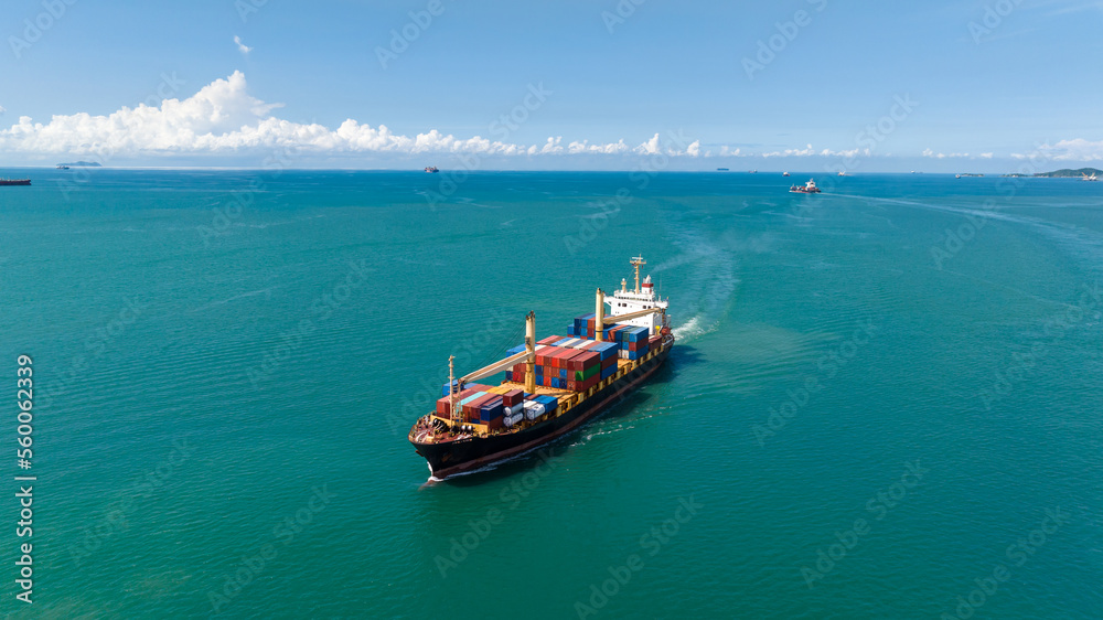 container cargo ship, import export commerce business and industry service logistic transportation  International by container cargo ship in open sea,  shipping logistic transport global 