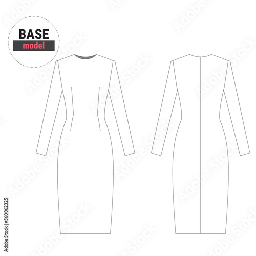 The basic model of a semi-adjacent silhouette dress with undercuts and long sleeves, outline. Technical drawing for use in magazines and printing. For professionals and amateurs. Vector drawing. Mock 
