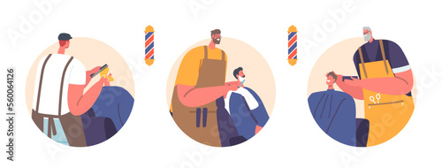 Hairdresser Barbers Serving Clients In Men Salon Isolated Round Icons. Male Characters Visit Barbershop for Haircut