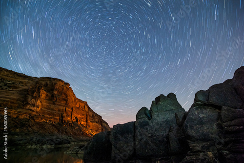 Star trails over the Black Rocks (an unconformity of Vishnu schist) at Moore Bottom in Ruby Canyon, Colorado. photo