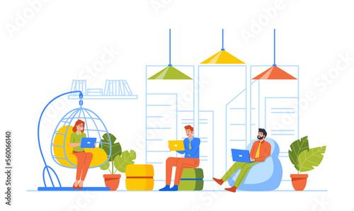 Creative Team Characters Develop Project Together in Coworking Area. Designers or Programmers Office Meeting