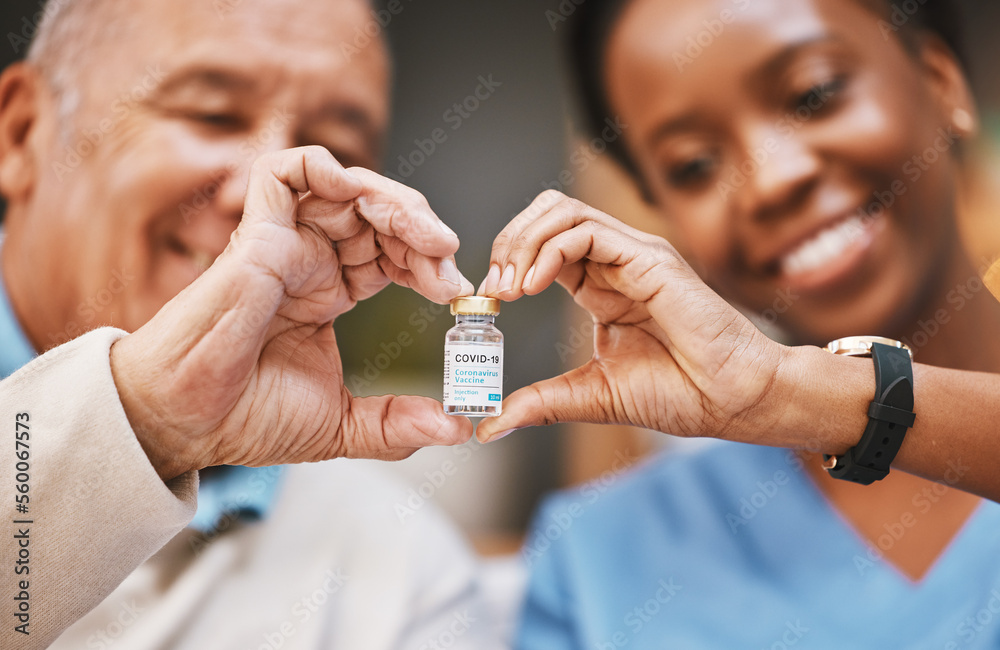 Corona virus vaccine, heart hands and people with vial in nursing home in support of medical