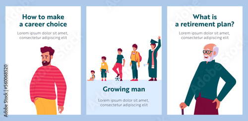 Cartoon Banners Stages of Man Growing, Aging Time Line. How to Make Career Choice, Retirement Plan. Male Character